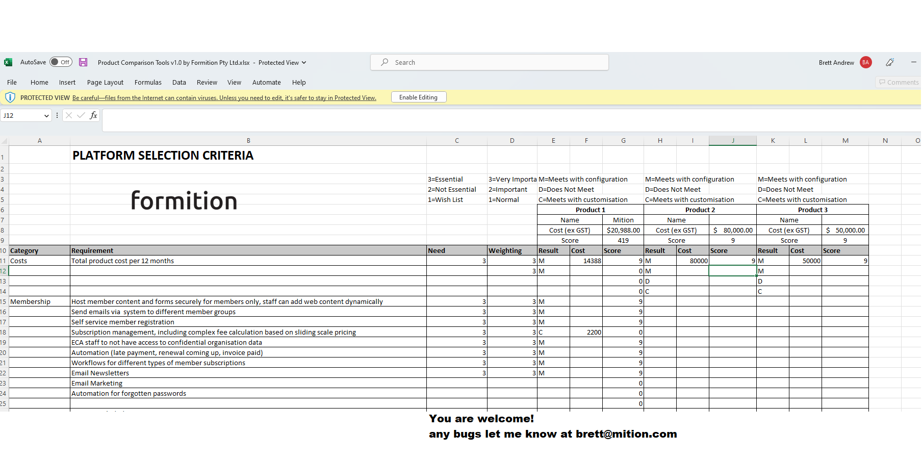 Excel Project Comparison Blank Template | CRM Comparison Excel Template